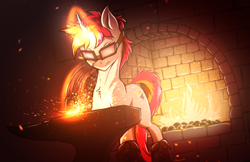 Size: 3326x2160 | Tagged: safe, artist:draft the filmmaker, derpibooru import, oc, oc only, oc:ironfire, pony, unicorn, anvil, blacksmith, fire, forge, goggles, hammer, horn, horn ring, magic, ring, smithing, solo, sparks, unicorn oc, working