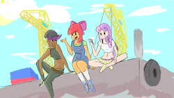 Size: 4096x2304 | Tagged: safe, artist:theapplequeen1, derpibooru import, apple bloom, scootaloo, sweetie belle, human, equestria girls, beanie, clothes, crane, cutie mark crusaders, female, group, group photo, hat, older, older apple bloom, older scootaloo, older sweetie belle, overalls, skirt, teenage apple bloom, teenage cmc, teenage scootaloo, teenage sweetie belle, trio, trio female