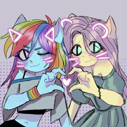 Size: 1280x1280 | Tagged: safe, artist:xansukoo, derpibooru import, fluttershy, rainbow dash, human, equestria girls, cat ears, duo, female, flutterdash, heart, heart hands, lesbian, shipping, whiskers