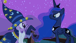 Size: 650x365 | Tagged: safe, derpibooru import, edit, edited screencap, screencap, princess luna, twilight sparkle, alicorn, pony, unicorn, luna eclipsed, season 2, beard, bell, cape, clothes, concave belly, costume, crown, duo, facial hair, female, frown, hat, hoof shoes, jewelry, luna is not amused, mare, necklace, night, nightmare night costume, physique difference, regalia, shoes, shooing, silly, slim, stars, thin, unamused, waving hoof