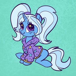 Size: 2048x2048 | Tagged: safe, artist:sophillia, derpibooru import, trixie, pony, unicorn, alternate hairstyle, babysitter trixie, clothes, cute, diatrixes, heart, heart eyes, hoodie, pigtails, solo, twintails, wingding eyes