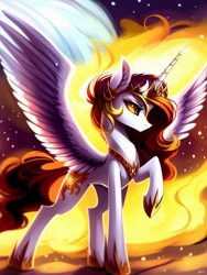 Size: 768x1024 | Tagged: safe, derpibooru import, editor:mr-bat, generator:stable diffusion, machine learning generated, daybreaker, alicorn, pony, armor, female, fire, hoof shoes, horn, mane of fire, pony ears, raised hoof, raised leg, red mane, red tail, solo, spread wings, stars, tail, wings