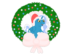 Size: 2000x1500 | Tagged: safe, artist:lightning13flicker, derpibooru import, oc, oc only, oc:fleurbelle, alicorn, alicorn oc, bow, christmas, christmas wreath, female, golden eyes, happy, hat, holiday, horn, mare, santa hat, simple background, solo, transparent background, wings, wreath