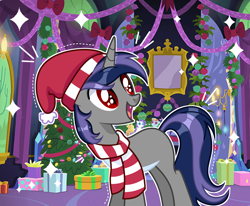 Size: 3488x2880 | Tagged: safe, artist:sarahsuresh-art, derpibooru import, oc, oc only, oc:dreaming star, bat pony, unicorn, bat pony oc, batticorn, christmas, christmas tree, clothes, commission, fangs, festive, happy, hat, hearts warming day, holiday, horn, male, pale belly, present, santa hat, scarf, solo, solo male, stallion, striped scarf, tree, twilight's castle, unicorn oc, ych result