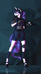 Size: 1500x2667 | Tagged: safe, artist:madhotaru, derpibooru import, rarity, anthro, unguligrade anthro, unicorn, ak, cap, clothes, female, gun, hat, head turned, mare, pants, profile, rifle, shoes, shorts, solo, tactical vest, trigger discipline, weapon