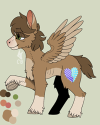 Size: 1200x1500 | Tagged: safe, artist:cackling-beast, derpibooru import, oc, pegasus, pony, bags under eyes, brown coat, brown mane, cheek fluff, chest fluff, colored wings, eye clipping through hair, eyebrows, eyebrows visible through hair, green eyes, link in description, looking forward, male, ponysona, raised hoof, raised leg, reference sheet, ribs, short tail, skinny, smiling, solo, spread wings, stallion, tail, tan coat, thin, trans male, transgender, two toned coat, two toned wings, underhoof, unshorn fetlocks, watermark, wings