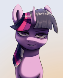 Size: 1005x1239 | Tagged: safe, artist:suhar, derpibooru import, twilight sparkle, unicorn twilight, pony, unicorn, female, gradient background, horn, looking at you, mare, solo