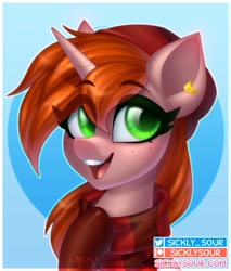 Size: 853x1000 | Tagged: safe, artist:sickly-sour, derpibooru import, oc, oc only, oc:debra rose, semi-anthro, unicorn, clothes, ear piercing, earring, eye clipping through hair, eyebrows, eyebrows visible through hair, freckles, jewelry, open mouth, open smile, piercing, scarf, smiling, solo