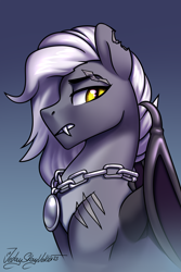 Size: 2000x3000 | Tagged: safe, artist:jedayskayvoker, derpibooru import, oc, oc:nocturnal sword, bat pony, pony, bat pony oc, bust, chains, fangs, folded wings, gradient background, icon, long mane, long mane male, male, patreon, patreon reward, portrait, scar, serious, serious face, slit eyes, solo, stallion, torn ear, wings