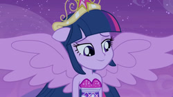 Size: 3072x1727 | Tagged: safe, derpibooru import, screencap, twilight sparkle, human, equestria girls, equestria girls (movie), bare shoulders, big crown thingy, element of magic, fall formal outfits, female, jewelry, night, ponied up, regalia, sleeveless, smiling, solo, spread wings, strapless, twilight ball dress, wings