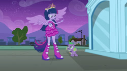 Size: 3072x1727 | Tagged: safe, derpibooru import, screencap, spike, twilight sparkle, dog, human, equestria girls, equestria girls (movie), bare shoulders, big crown thingy, boots, duo, duo male and female, element of magic, fall formal outfits, female, jewelry, male, night, ponied up, regalia, shoes, sleeveless, smiling, spike the dog, spread wings, statue, strapless, twilight ball dress, wings