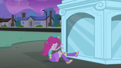 Size: 3072x1727 | Tagged: safe, derpibooru import, screencap, pinkie pie, human, equestria girls, equestria girls (movie), bare shoulders, boots, eyes closed, fall formal outfits, female, night, shoes, sleeveless, solo, statue, strapless