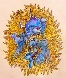 Size: 2636x3130 | Tagged: safe, artist:itssim, derpibooru import, princess luna, alicorn, pony, armor, golden armor, leaves, solo, spear, traditional art, weapon, wings