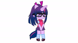 Size: 1853x1025 | Tagged: artist needed, source needed, safe, derpibooru import, sci-twi, twilight sparkle, human, equestria girls, bow, female, gacha, gacha club, gacha life, glasses, horn, ribbon, simple background, smiling, solo, standing, white background