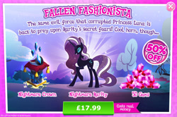 Size: 1961x1301 | Tagged: safe, derpibooru import, nightmare rarity, rarity, pony, unicorn, advertisement, costs real money, crown, english, eyeshadow, female, gameloft, gem, horn, jewelry, makeup, mare, mobile game, my little pony: magic princess, nightmarified, numbers, official, regalia, sale, solo, solo focus, text