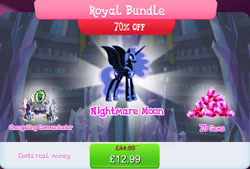 Size: 1269x856 | Tagged: safe, derpibooru import, nightmare moon, queen chrysalis, alicorn, pony, bundle, costs real money, english, ethereal mane, eyeshadow, female, gameloft, gem, helmet, horn, jewelry, makeup, mare, mobile game, my little pony: magic princess, numbers, official, regalia, sale, solo, solo focus, spread wings, text, throne, wings