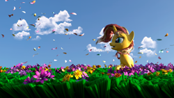 Size: 1920x1080 | Tagged: safe, artist:enteryourponyname, derpibooru import, sunset shimmer, pony, unicorn, 3d, blender, blender cycles, cloud, flower, grass, grass field, happy, smiling, solo, sunshine