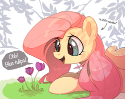 Size: 2715x2162 | Tagged: safe, artist:nookprint, derpibooru import, fluttershy, pegasus, pony, color blindness, cute, daaaaaaaaaaaw, dialogue, female, flower, mare, open mouth, open smile, shyabetes, smiling, solo, speech bubble, tulip