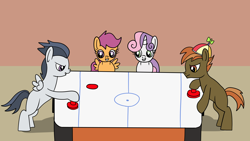 Size: 1920x1080 | Tagged: safe, artist:platinumdrop, derpibooru import, button mash, rumble, scootaloo, sweetie belle, earth pony, pegasus, pony, unicorn, air hockey, female, filly, foal, hat, hoof hold, looking at someone, looking at something, request