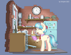 Size: 1586x1216 | Tagged: safe, artist:vinilyart, derpibooru import, coco pommel, earth pony, pony, clock, cocobetes, cute, eyes closed, female, food, kitchen, mare, necktie, open mouth, oven, oven mitts, pie, refrigerator, smiling, solo