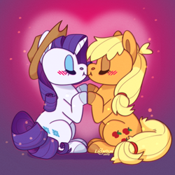 Size: 2000x2000 | Tagged: safe, artist:lionbun, derpibooru import, applejack, rarity, earth pony, pony, unicorn, accessory swap, applejack's hat, blushing, chibi, clothes, commission, commissioner:raritybro, cowboy hat, cute, duo, female, hat, kissing, lesbian, rarijack, shipping, ych result