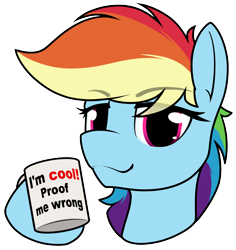 Size: 1690x1793 | Tagged: safe, artist:dacaoo, derpibooru import, rainbow dash, pegasus, pony, bust, cup, eyebrows, eyebrows visible through hair, female, grammar error, looking at you, mare, simple background, solo, transparent background