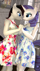 Size: 1080x1920 | Tagged: safe, artist:midnightdanny, derpibooru import, rarity, oc, oc:midnight harmony, anthro, pegasus, unicorn, 3d, canon x oc, outfit, room, source filmmaker