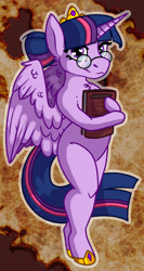 Size: 1280x2406 | Tagged: safe, artist:grumpygriffcreation, derpibooru import, twilight sparkle, twilight sparkle (alicorn), alicorn, semi-anthro, book, glasses, solo