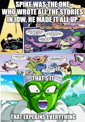 Size: 500x718 | Tagged: safe, artist:andypriceart, derpibooru import, edit, idw, spike, comics, dragon ball, dragon ball super, gigachad spike, meme, older, older spike, piccolo (dbz), piccolo (dragon ball), spike the watcher