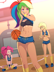 Size: 1200x1600 | Tagged: safe, artist:rockset, applejack, pinkie pie, rainbow dash, human, basketball, clothes, humanized, jersey, uniform