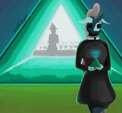 Size: 2035x1900 | Tagged: safe, artist:tazool, derpibooru import, ocellus, anthro, changedling, changeling, audience, changeling magic, crowd, female, holding, magic, portal, solo, stage