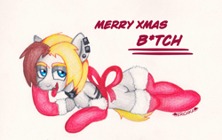 Size: 2247x1424 | Tagged: safe, artist:erichkaofficial, derpibooru exclusive, derpibooru import, bow, christmas, clothes, collar, ear piercing, earring, fur, holiday, jewelry, looking at you, lying down, piercing, stockings, tattoo, thigh highs, tongue, tongue out, traditional art, vulgar