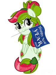 Size: 3072x4096 | Tagged: safe, artist:sjart117, derpibooru import, oc, oc only, oc:watermelana, pegasus, pony, both cutie marks, female, flag, freckles, happy new year, holiday, looking back, mare, mouth hold, pegasus oc, pony oc, simple background, sitting, solo, text, transparent background, wings