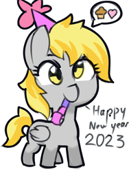 Size: 1200x1600 | Tagged: safe, artist:creamyogurt, derpibooru import, derpy hooves, pegasus, pony, celebration, cute, derp, derpabetes, female, filly, foal, happy new year, happy new year 2023, hat, heart, holiday, mouth hold, muffin, noisemaker, party hat, party horn, simple background, solo, speech bubble, that pony sure does love muffins, white background