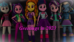 Size: 1920x1080 | Tagged: safe, artist:olivespoll, derpibooru import, adagio dazzle, aria blaze, sonata dusk, starlight glimmer, trixie, twilight sparkle, equestria girls, 2023, 3d, happy new year, holiday, source filmmaker, the dazzlings