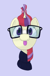 Size: 800x1200 | Tagged: safe, artist:kanw, derpibooru exclusive, derpibooru import, moondancer, pony, unicorn, :p, bust, female, glasses, lavender background, mare, silly, silly face, silly pony, simple background, solo, tongue, tongue out