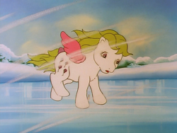 Size: 960x720 | Tagged: safe, derpibooru import, screencap, surprise, pegasus, pony, baby it's cold outside, g1, my little pony 'n friends, adoraprise, bow, careful, cute, female, it's just snow, land, mare, ponyland, snow, solo, standing, tail, tail bow, wind, wing warmers, winter
