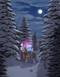 Size: 1646x2100 | Tagged: safe, artist:eriada, derpibooru import, trixie, zecora, pony, unicorn, zebra, duo, forest, full moon, moon, night, snow, tree, winter