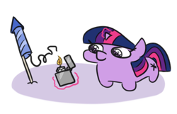 Size: 412x266 | Tagged: safe, artist:jargon scott, derpibooru import, twilight sparkle, unicorn twilight, pony, unicorn, female, filly, filly twilight sparkle, fireworks, foal, glowing, glowing horn, horn, levitation, lighter, magic, magic aura, new year, simple background, solo, squatpony, telekinesis, this will end in explosions, twiggie, white background, younger