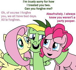 Size: 1979x1808 | Tagged: safe, artist:didgereethebrony, derpibooru import, fluttershy, pinkie pie, oc, oc:didgeree, earth pony, pegasus, pony, 1000 hours in ms paint, base used, cuddling, dialogue, simple background, trace, transparent background