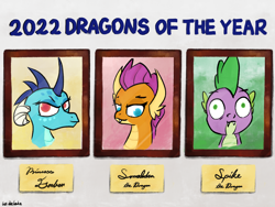 Size: 4000x3000 | Tagged: safe, artist:widelake, derpibooru import, princess ember, smolder, spike, dragon, 2022, bust, derp, dragoness, female, frame, happy new year, holiday, majestic as fuck, name tag, picture frame, plaque, signature, simple background, trio