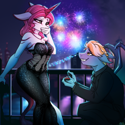 Size: 2000x2000 | Tagged: safe, artist:kennzeichen, derpibooru import, oc, oc only, oc:impala lily, oc:rocket burst, anthro, hybrid, unguligrade anthro, unicorn, zony, anthro oc, bare shoulders, clothes, commission, couple, digital art, dress, engagement ring, fangs, female, fireworks, happy new year, happy new year 2023, holiday, horn, impacket, kneeling, leonine tail, male, mare, marriage proposal, night, oc x oc, racing stripes, shipping, sleeveless, smiling, straight, strapless, suit, tail, unicorn oc, zony oc