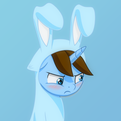 Size: 1080x1080 | Tagged: safe, artist:cyanspark, derpibooru exclusive, derpibooru import, oc, oc:cyan spark, pony, unicorn, animal costume, blushing, bunny costume, clothes, costume, embarrassed, gradient background, horn, male, pouting, solo, unicorn oc