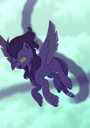 Size: 2480x3508 | Tagged: safe, artist:thecommandermiky, derpibooru import, oc, oc only, pegasus, pony, chest fluff, one eye closed, sky, solo, spread wings, wings, wink