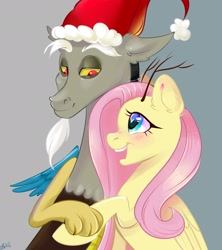 Size: 2400x2700 | Tagged: safe, artist:ske, derpibooru import, discord, fluttershy, draconequus, pegasus, pony, antlers, blushing, christmas, discoshy, duo, duo male and female, eyebrows, female, gray background, happy new year, hat, heart, heart eyes, high res, holding hands, holding hoof, holding hooves, holiday, looking at each other, looking at someone, male, mare, open mouth, open smile, santa hat, shipping, signature, simple background, smiling, smiling at each other, straight, wingding eyes