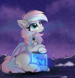 Size: 2242x2318 | Tagged: safe, artist:janelearts, derpibooru import, oc, oc only, oc:dreamyway skies, bat pony, butterfly, insect, accessories, bat pony oc, bat wings, bottle, catching, chest fluff, chillaxing, collar, commission, ear fluff, ear tufts, ears, female, happy, looking up, mare, night, romantic, sitting, smiling, solo, starry eyes, starry sky, unshorn fetlocks, wingding eyes, wings, ych result