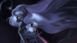 Size: 4096x2304 | Tagged: safe, artist:musical ray, derpibooru import, princess luna, alicorn, pony, eyes closed, female, flower, glowing, glowing horn, high res, horn, jewelry, mare, necklace, night, regalia, solo