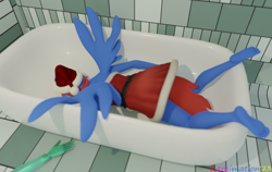 Size: 2280x1440 | Tagged: safe, artist:kamimation, derpibooru import, oc, oc:kam pastel, anthro, pegasus, plantigrade anthro, 3d, amputee, barefoot, bathroom, bathtub, blender, christmas, clothes, costume, detached arm, face down, feet, hangover, hat, holiday, passed out, prosthetic limb, prosthetics, santa costume, santa hat, signature, simple background, solo, spread legs, spread wings, spreading, watermark, wings