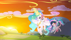 Size: 1920x1089 | Tagged: safe, artist:stellamoonshineyt, derpibooru import, princess celestia, oc, oc:euthanasia, oc:sunny sky, alicorn, hybrid, pony, crown, flying, glowing, glowing horn, horn, interspecies offspring, jewelry, magic, magic aura, offspring, parent:discord, parent:princess celestia, parents:dislestia, regalia, sun work, sunrise