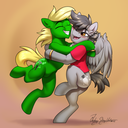 Size: 3000x3000 | Tagged: safe, artist:jedayskayvoker, derpibooru import, oc, oc only, oc:fault breccia, oc:vectored thrust, earth pony, pegasus, pony, bipedal, blushing, clothes, couple, cute, earth pony oc, gay, gift art, gradient background, happy, high res, hug, jewelry, jumping, looking at each other, looking at someone, male, oc x oc, pegasus oc, raised hoof, raised leg, ring, shipping, shirt, short tail, smiling, smiling at each other, spread wings, stallion, tail, wedding ring, wings